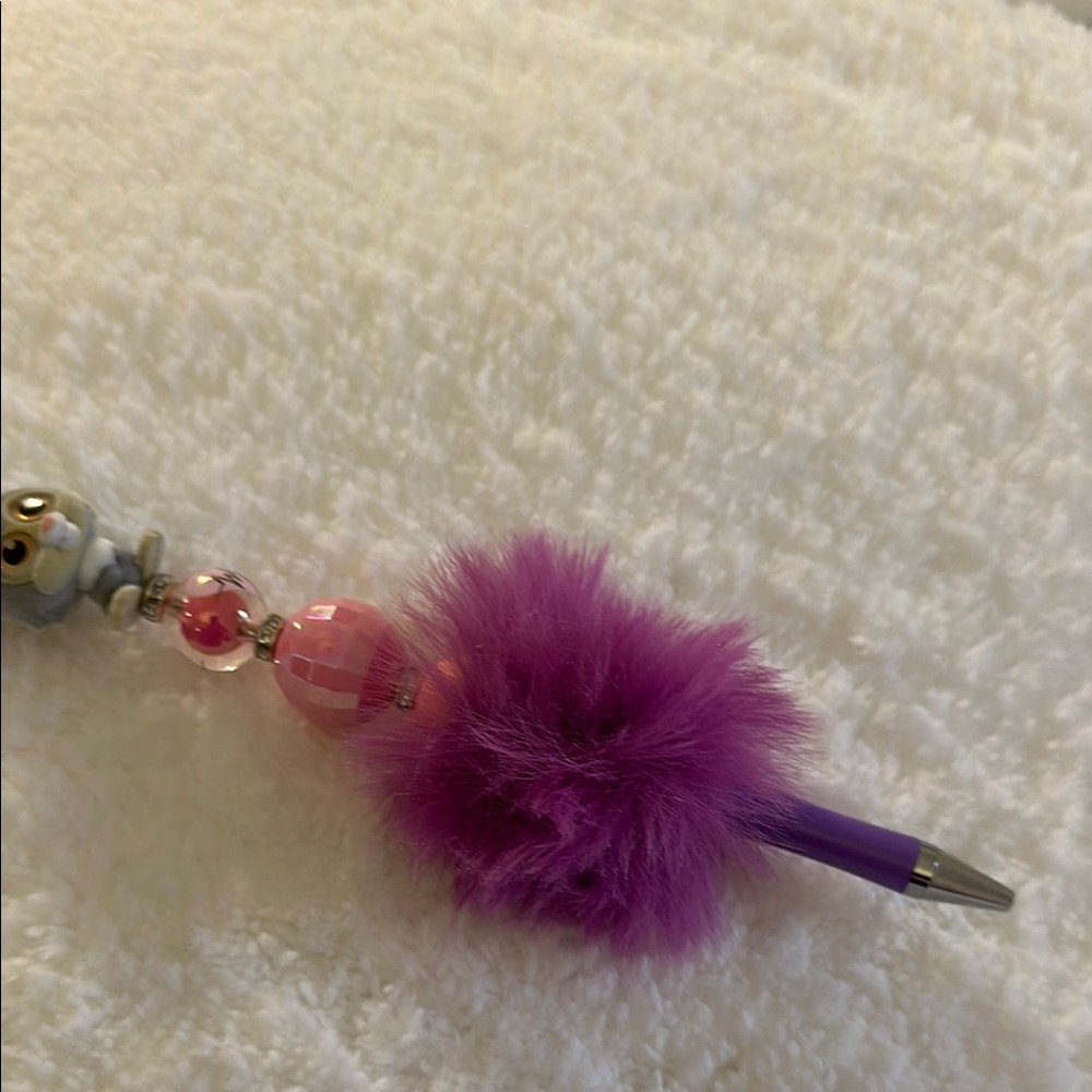 Purple Fluffy Pen with Beaded Accents